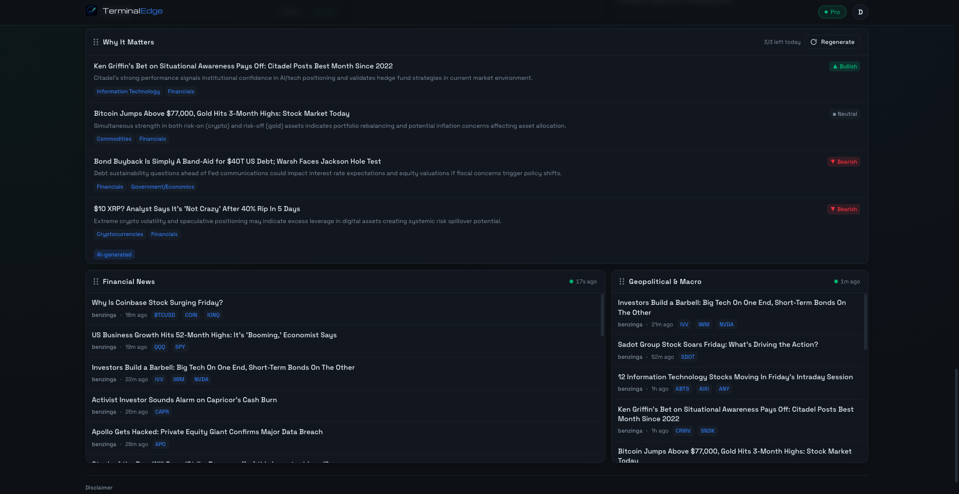 TerminalEdge dashboard — Financial news, geopolitical & macro feed